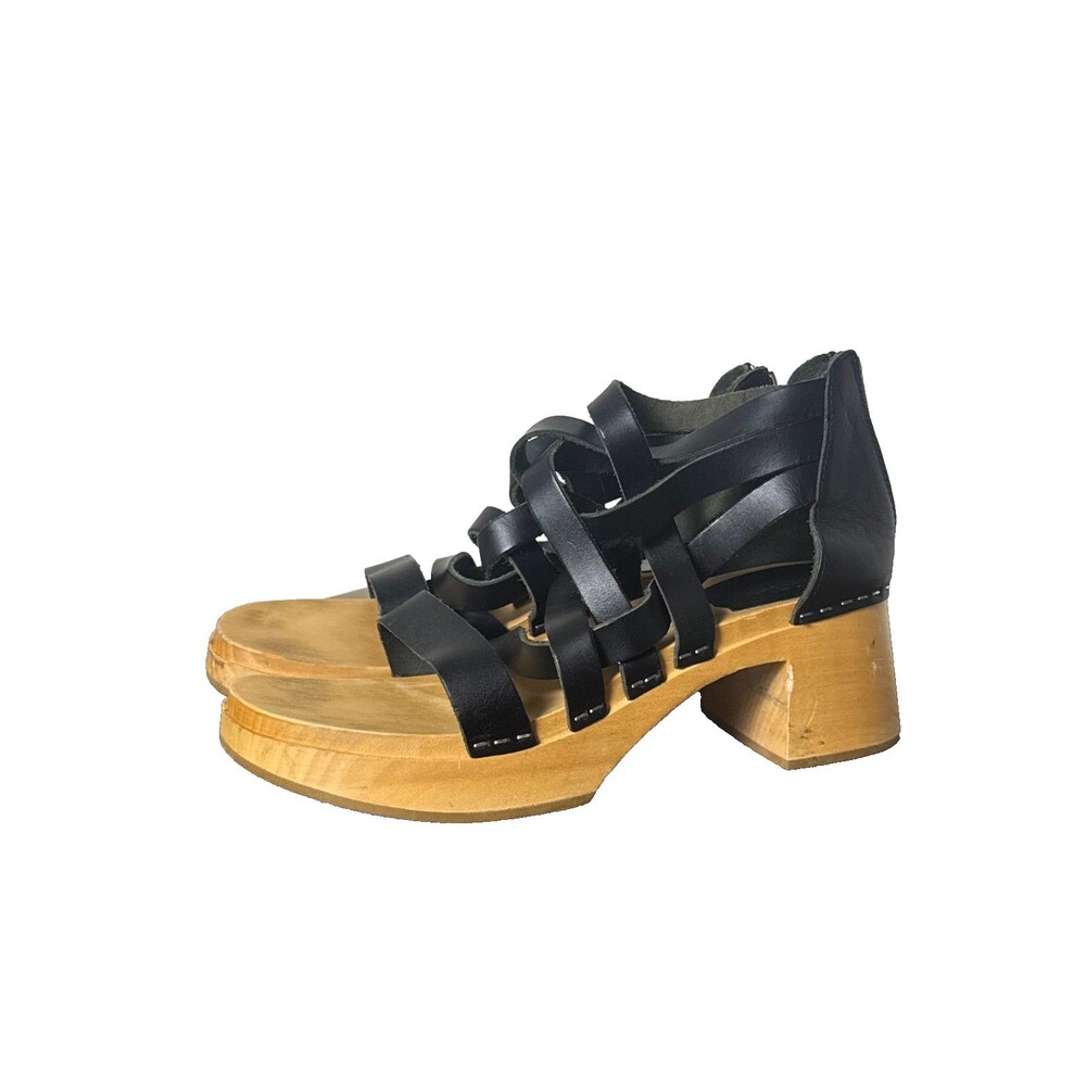Swedish Hasbeens Black Leather Strappy Clog Sandals Women 41 Wood Heel Boho